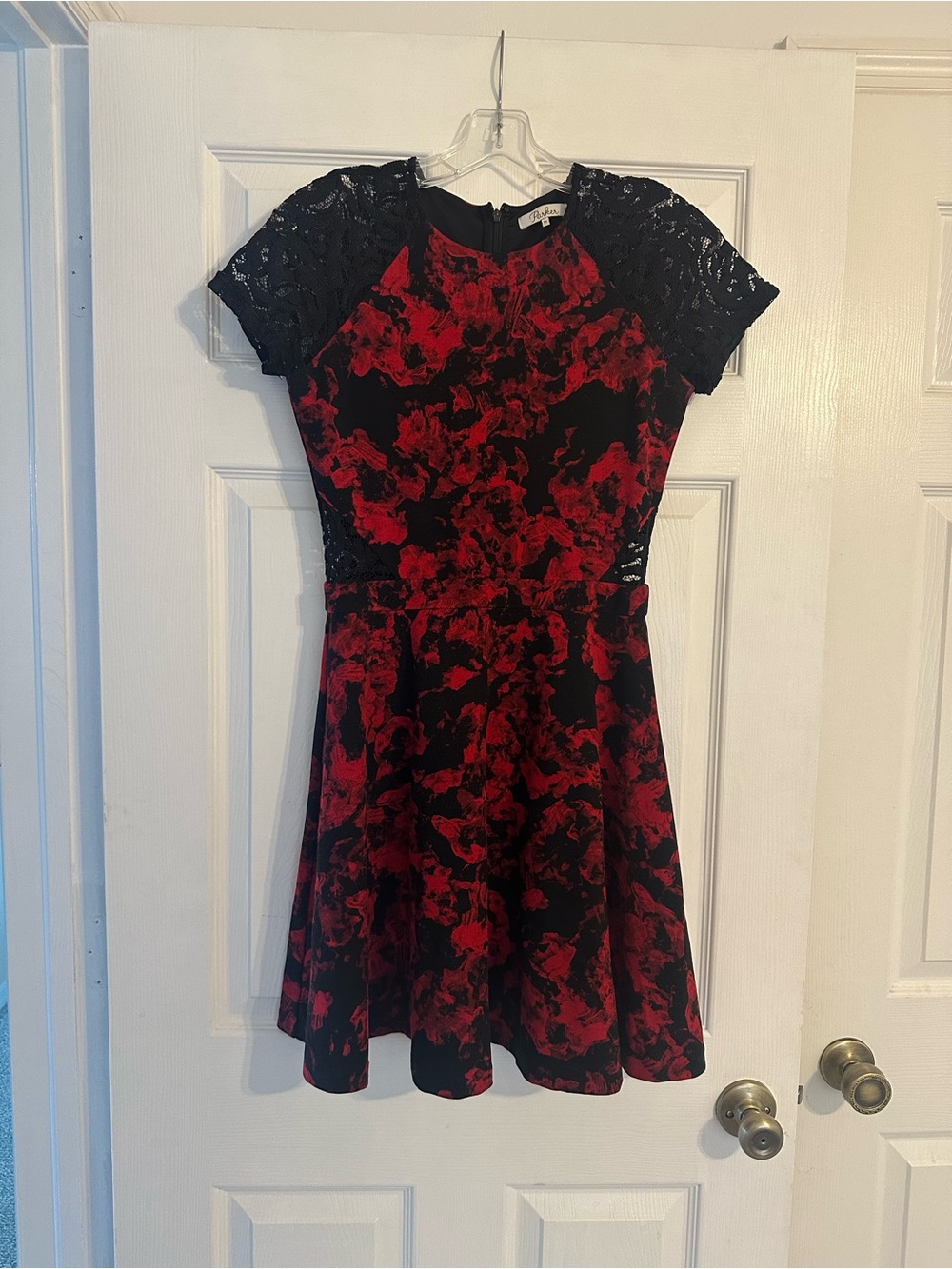 Parker Black and Red Floral Lace Fit-and-Flare Dress with Lace Cut Outs